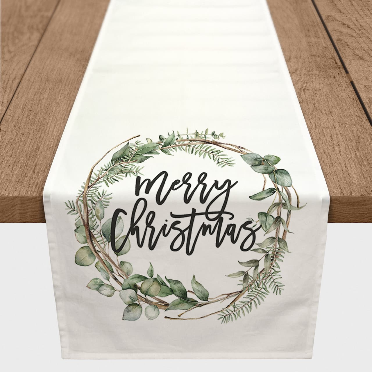 72" Merry Christmas Wreath Poly Twill Table Runner